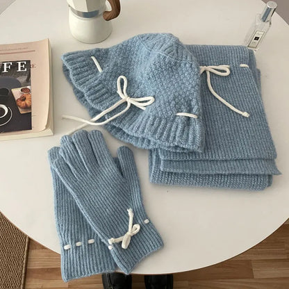 Knitted Scarf Gloves Caps Three Piece Set For Women&Men Winter Thicken Warm Bucket Hat Christmas Coldproof Hat Muffler Glove Set