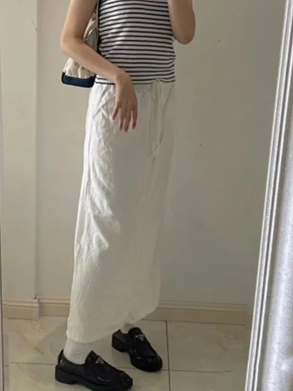 Casual Women Beige Skirts Summer Sweet High Waist Drawstring Skirts Solid Color Female Chic Bottoms