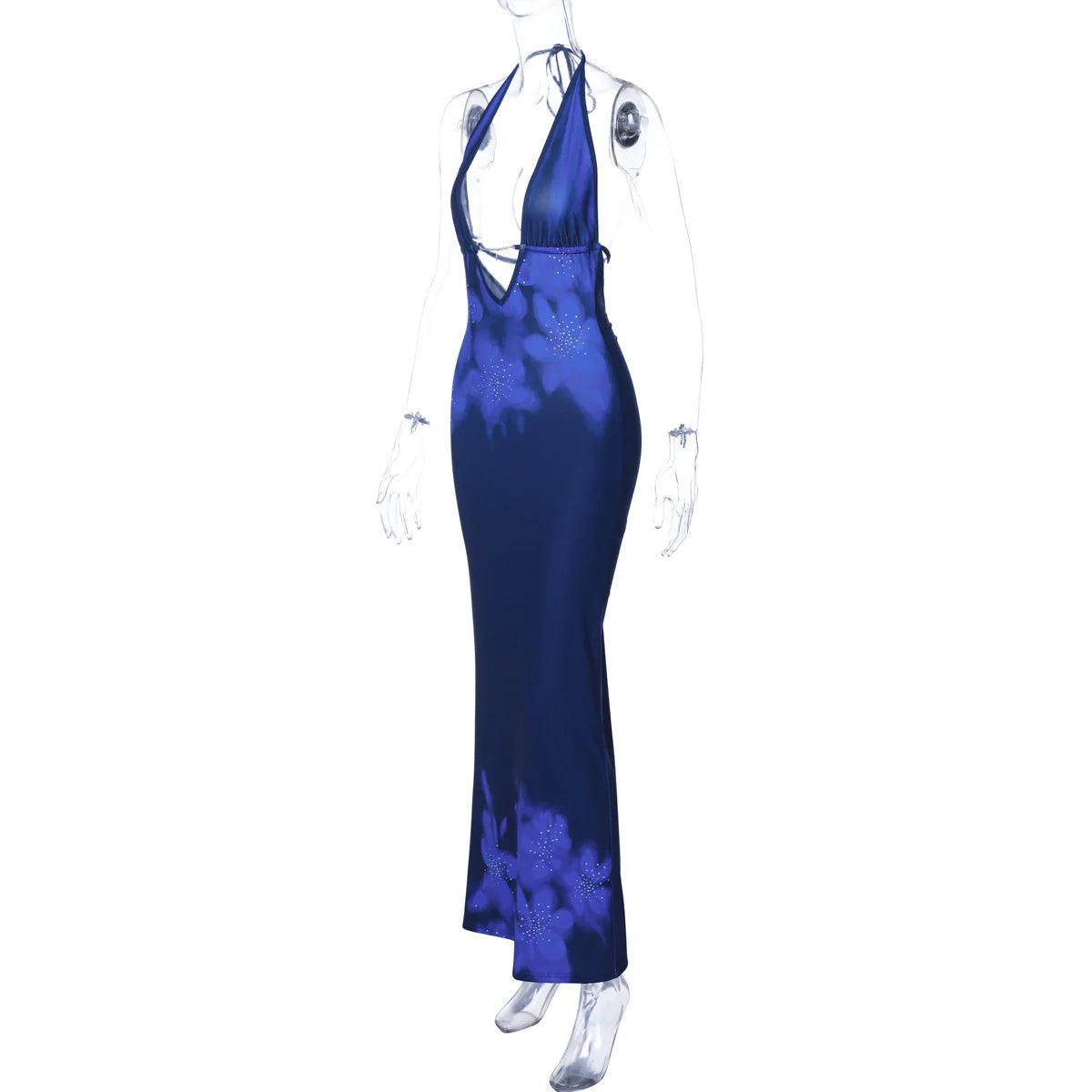 Halter Deep V Floral Crystal Embellished Bodycon Maxi Dress
