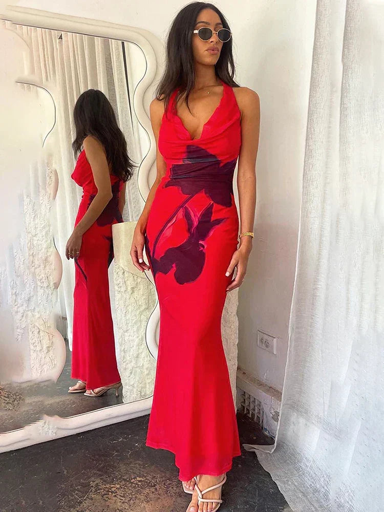 Halter Cowl Neck Large Floral Graphic Print Bodycon Maxi Dress