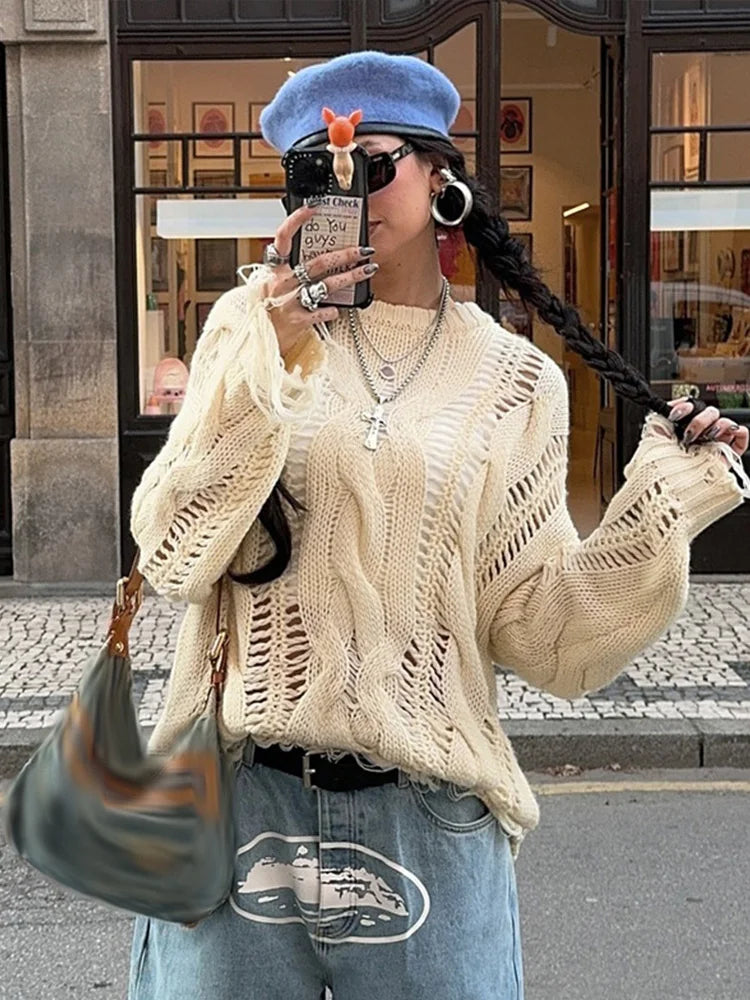 Twist Hollow Out Knit Sweater Women Chic O-neck Long Sleeve Loose Tassels Pullover Female 2025 Spring Solid Jumper Top Sweaters