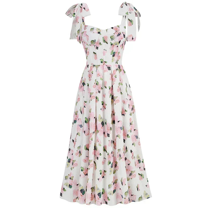 Floral Print Bow Shoulder Strap Sweetheart Corset Bodice Midi Dress