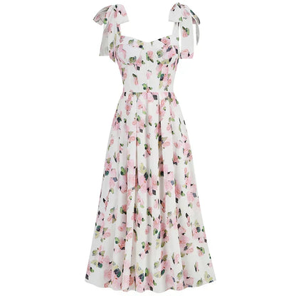 Floral Print Bow Shoulder Strap Sweetheart Corset Bodice Midi Dress