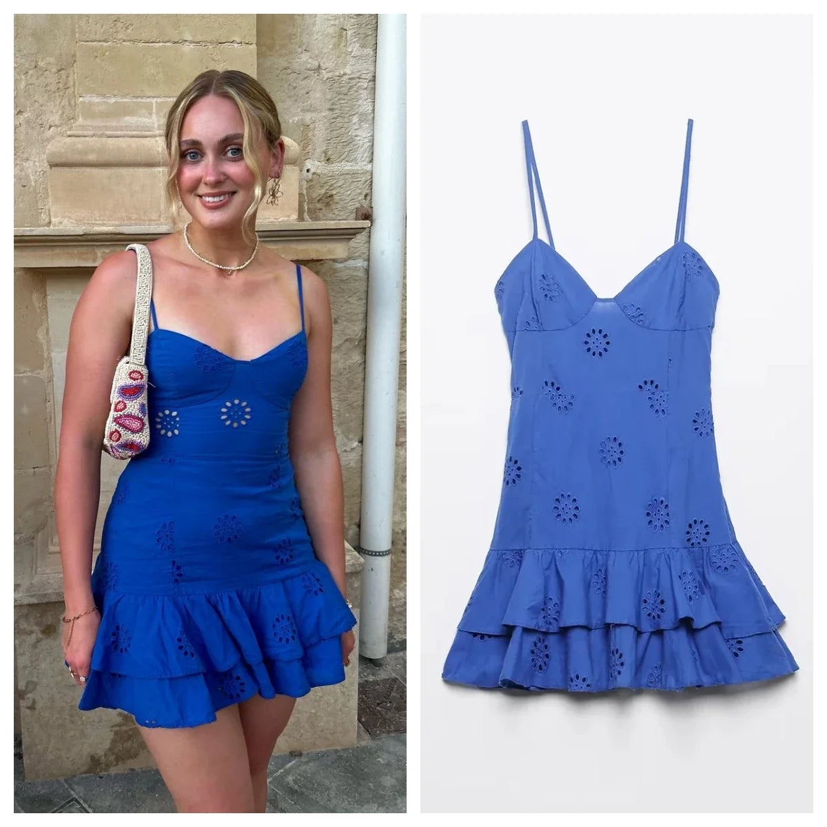 Women's Summer New Sexy Sling V-neck Layered Decoration Hollow out Embroidery Layered Ruffle Edge Short Dress