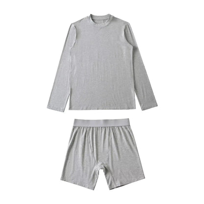 Solid Cozy Home Suits For Women Summer Crew Neck Long Sleeve Loose T-shirt+Slim Shorts Sets Simple Casual Fashion Two-piece Set