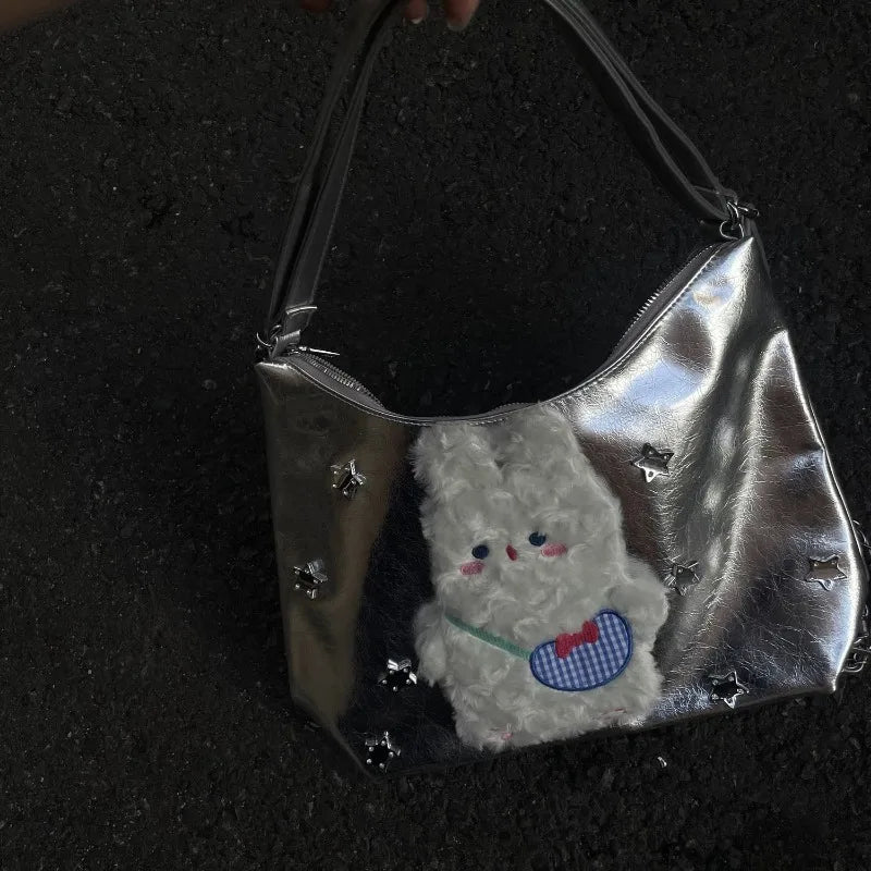 Vintage Y2k Womens Tote Bag Cute Bunny Patchwork Silver Fashion Shoulder Bag Pu Leather Large Capacity New Casual Backpack