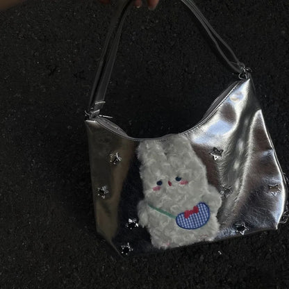 Vintage Y2k Womens Tote Bag Cute Bunny Patchwork Silver Fashion Shoulder Bag Pu Leather Large Capacity New Casual Backpack