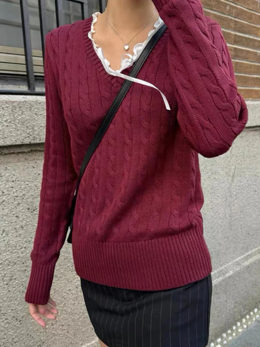 Vintage Twisted Floral V-neck Knit Sweater Women Cotton Warm Slim Preppy Style Solid Pullovers Tops Sweet Chic Cute Jumpers Y2K
