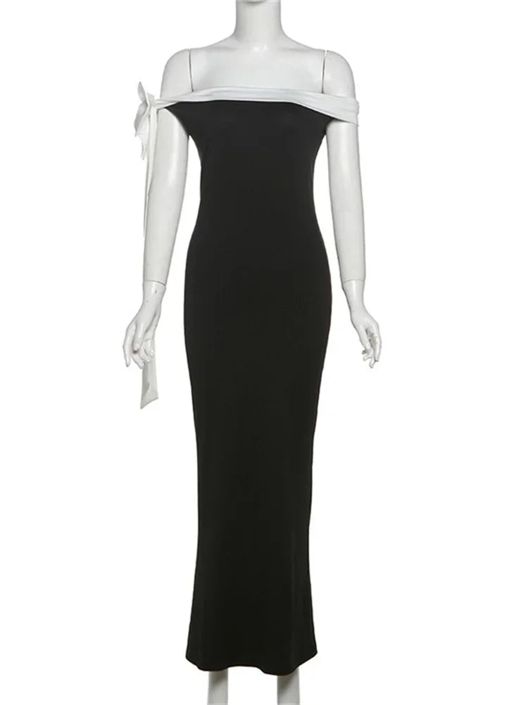 Off Shoulder Contrast Bow Shoulder Ribbon Bodycon Maxi Dress