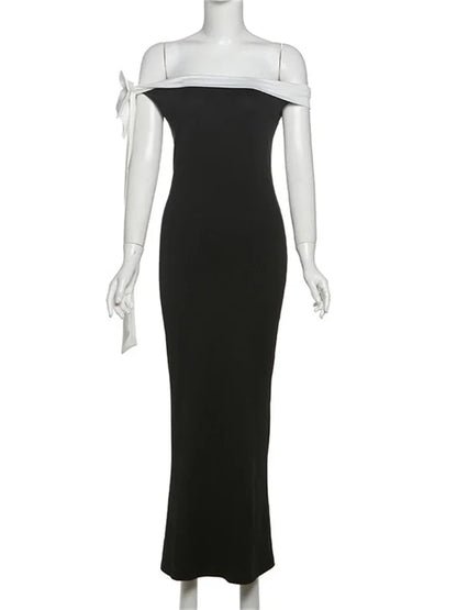 Off Shoulder Contrast Bow Shoulder Ribbon Bodycon Maxi Dress