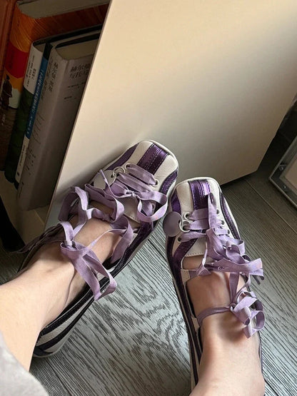 Spring Lolita Square Toe Purple Flat Ballet Shoes Women's 2024 New Straps Bow Color Matching Mary Jane Shoes