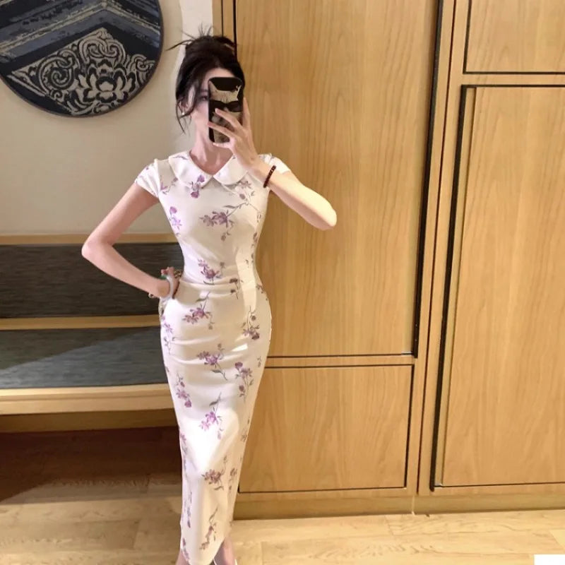 Woman Dress Sexy Peter Pan Collar Floral Printed Slim Vintage Elegant Summer Fashion Temperament Party Dresses Female