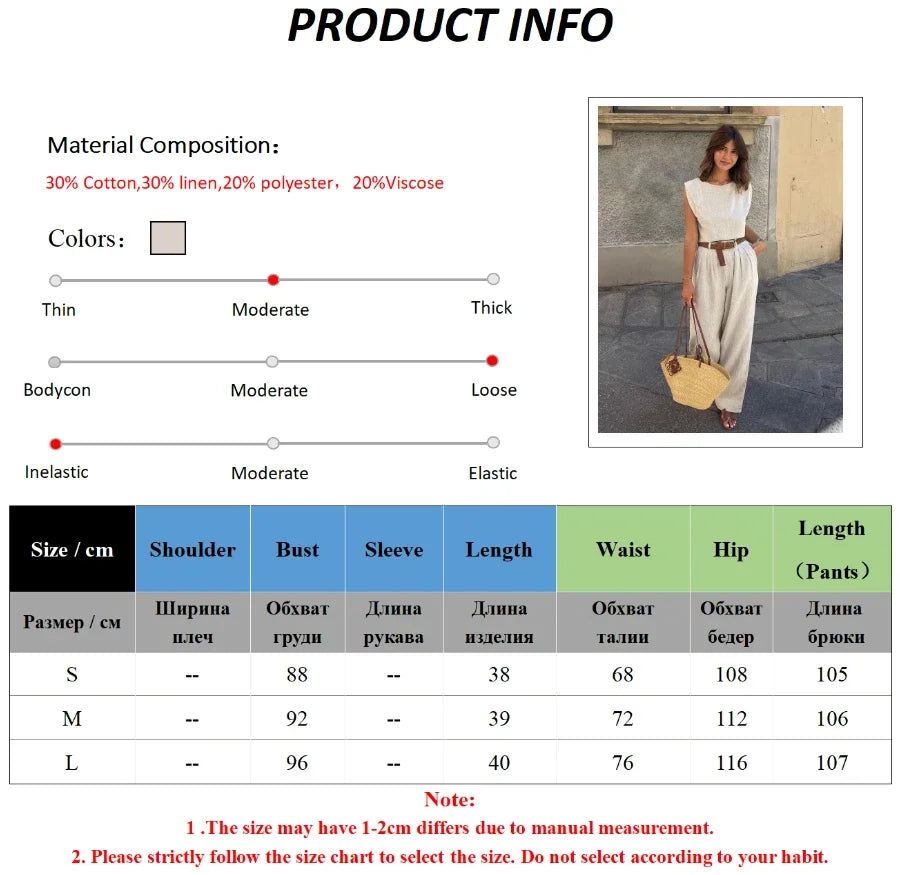 Women's Summer Cotton Linen Vest Pants Set Office Lady Chic Short Vest Casual Trousers Female Loose Long Pants Suits