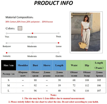 Women's Summer Cotton Linen Vest Pants Set Office Lady Chic Short Vest Casual Trousers Female Loose Long Pants Suits