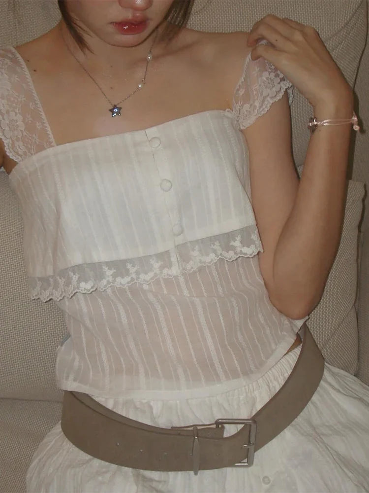 Solid White Lace Strap Cami Tops Women Chic Button Front Sheer Layered Sleeveless Short Sweet Vests Lady Trendy Daily Wear New