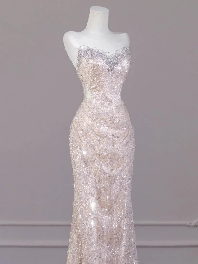 Sexy Champagne Sequins Prom Dresses Sweetheart Strapless Open Back Evening Party Dress Mermaid Sleeveless Formal Occasion Dress
