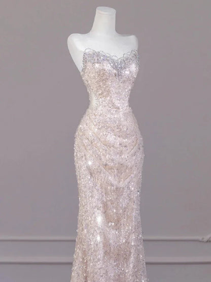 Sexy Champagne Sequins Prom Dresses Sweetheart Strapless Open Back Evening Party Dress Mermaid Sleeveless Formal Occasion Dress