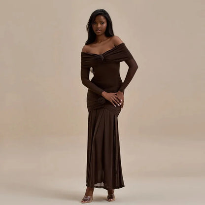 Off Shoulder Long Sleeve 3D Floral Rosette Mermaid Maxi Gown