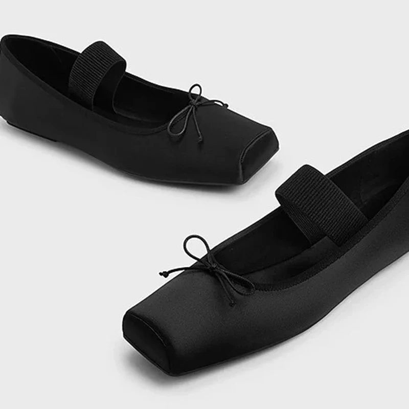 sweet pink silk flat shoes woman square toe bowtie ballet flats silver leather mary janes shoes elastic band moccasions women