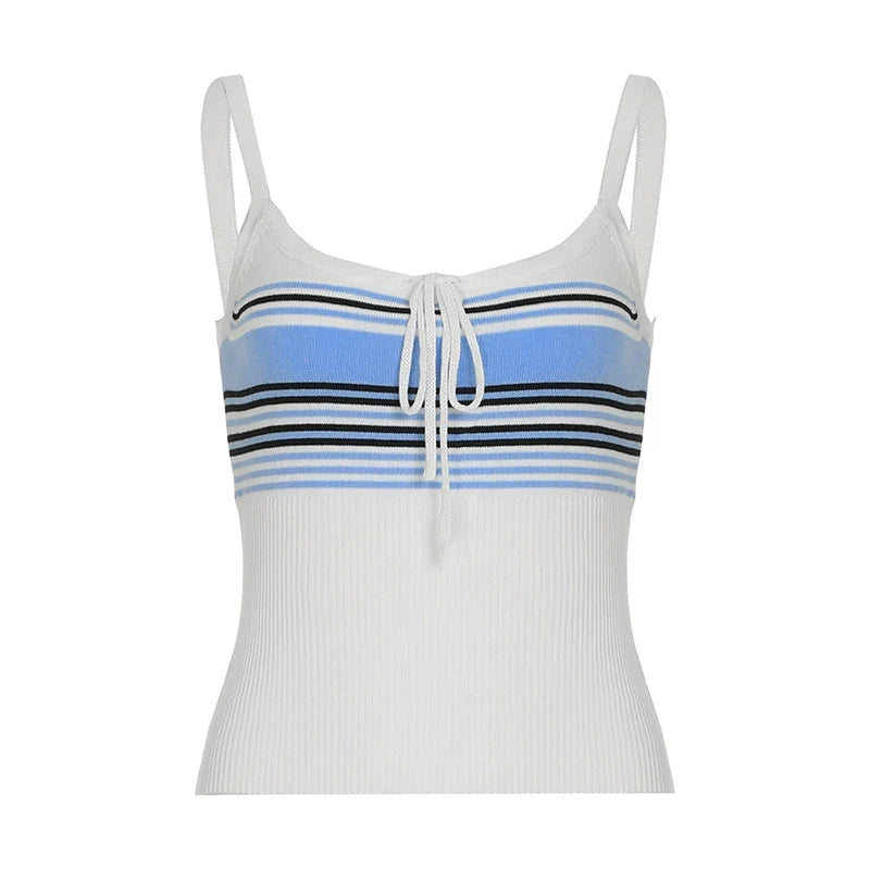 Sweetown Simple Knitted Camisole Tops Stripe Patchwork Slim Casual Holiday New Fashion Blouses