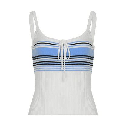Sweetown Simple Knitted Camisole Tops Stripe Patchwork Slim Casual Holiday New Fashion Blouses