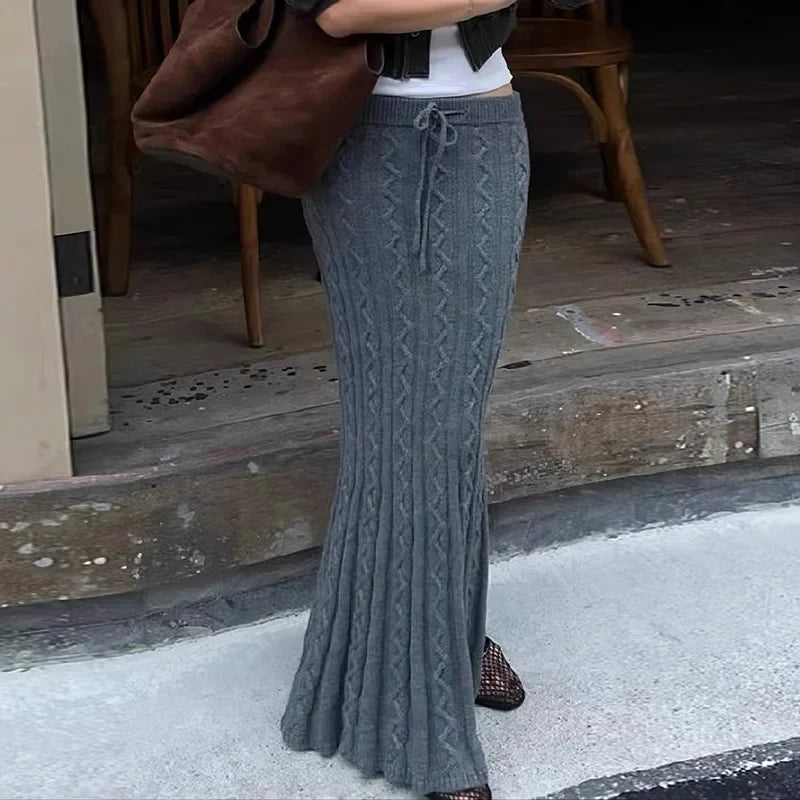 Women's Twists Detail Sweater Fishtail Skirt Elegant Fashion Low Waisted Bodycon Maxi Skirts Winter Streetwear Basic