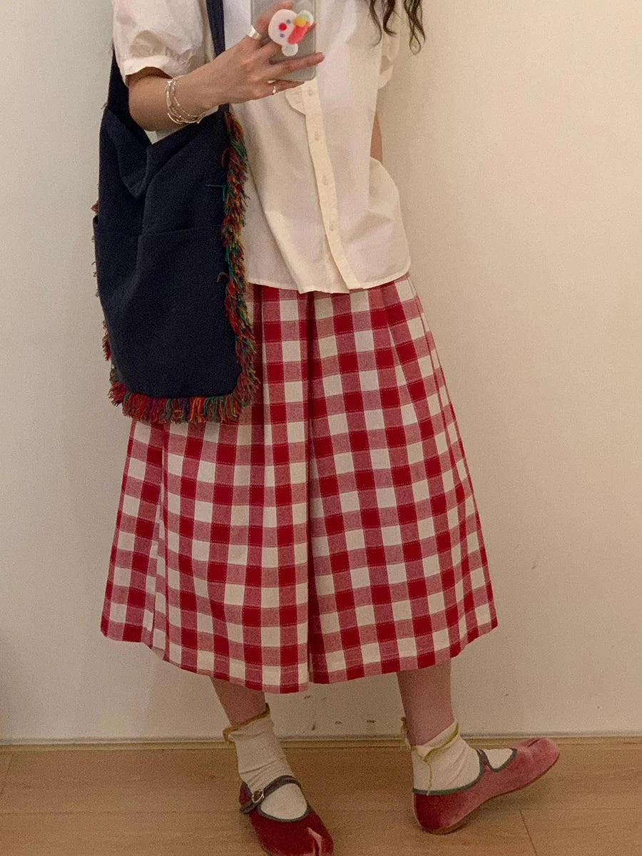 Women Tartan Oversize Casual Wide Pants Pockets Elastic Waist Plaid Cotton Linen Straight Baggy Jorts Summer Korean Clothes