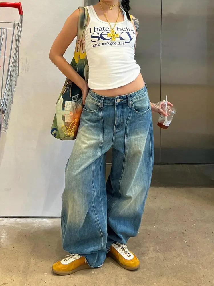 Vintage Oversized Blue Jeans Woman Y2k Casual America Retro Baggy Denim Pants Basic Harajuku Wide Leg Trousers Summer