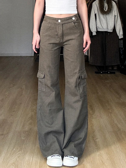 Streetwear Low Rise Jeans Baggy Zip-up Pockets Patchwork Loose Denim Pants Korean Fashion Cargo Pants for Women y2k Chic