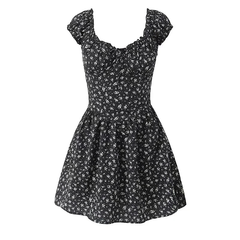 Holiday Summer Dresses 2025 Women French Style Floral Print Dress Vintage Short Sleeve V Neck A-line Mini Robe Sundress