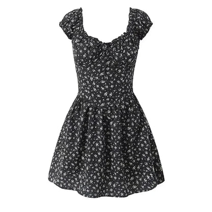Holiday Summer Dresses 2025 Women French Style Floral Print Dress Vintage Short Sleeve V Neck A-line Mini Robe Sundress
