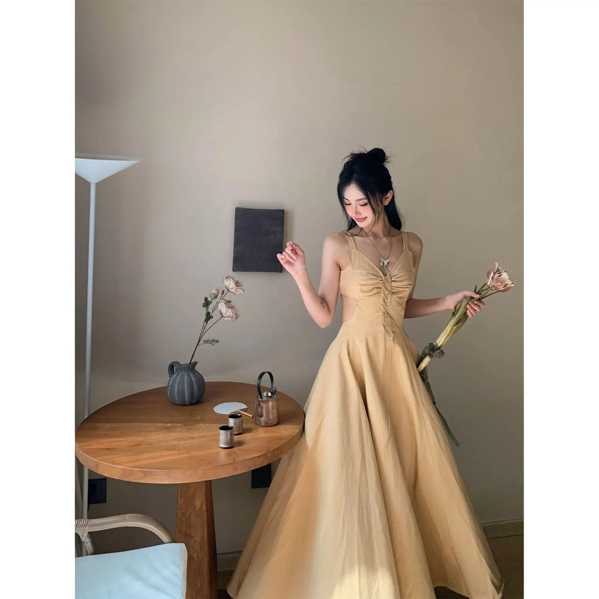 Women A-line Evening Dress Y2k Vintage Sleeveless One Piece Frocks Elegant Hollow Out Lace-up Luxury Long Dresses 2000s Clothes