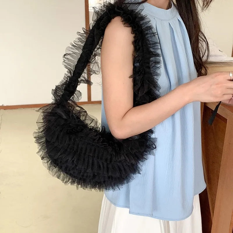 Luxury Design Ruffles Pleated Shoulder Underarm Bag Sweet Girls Y2k Fairy Chic Hobo Bags Mesh Women Solid Purses and Handbags