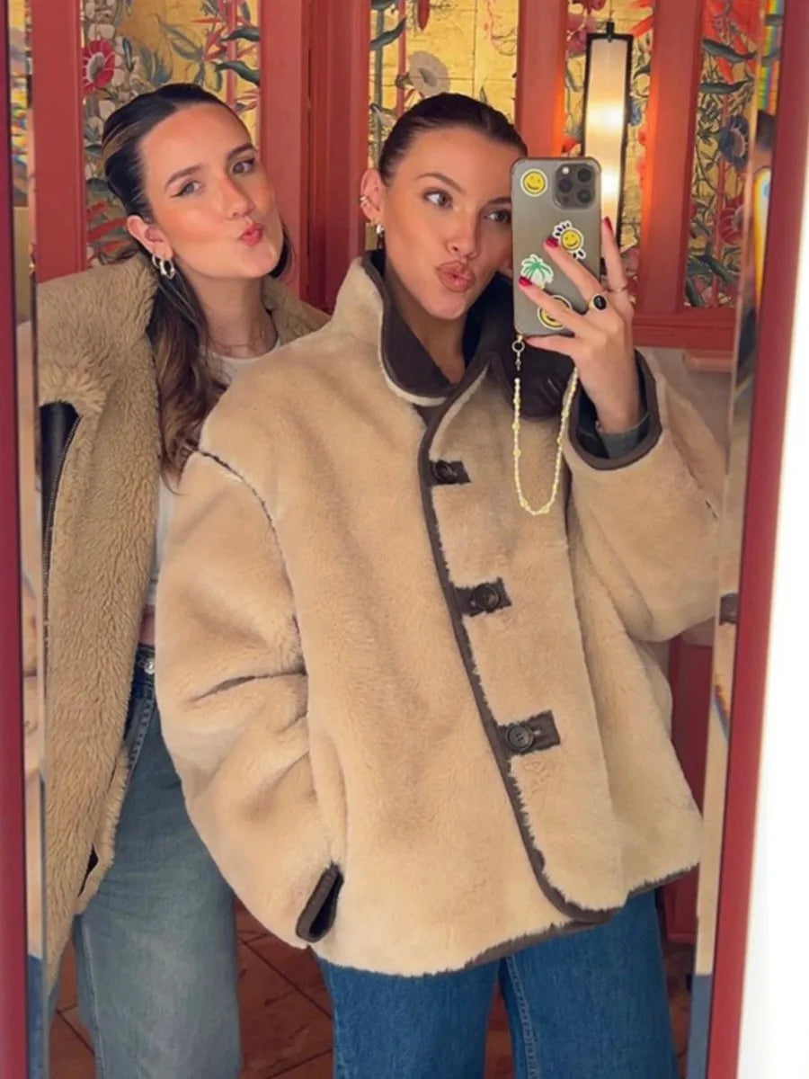 Solid Pocket Fleece Jacket Coat Women Single Breasted Long Sleeve Warm Outerwear Autumn Winter Casual Fashion Jackets New