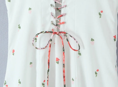 Flower Print Patchwork White Sling Elegant Dress Women Lace Up Bandage Back A-line Summer Dresses Chic Lady Holiday Robe 2025