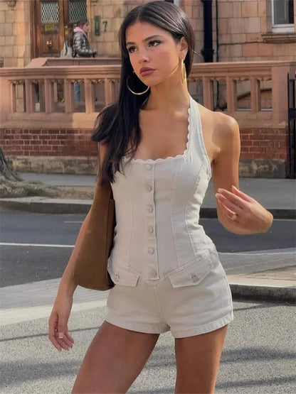 Casual Sexy Classic Fake Denim Women Playsuits Simple Halter U-neck Single Breasted Backless Halter Daily Street Romper
