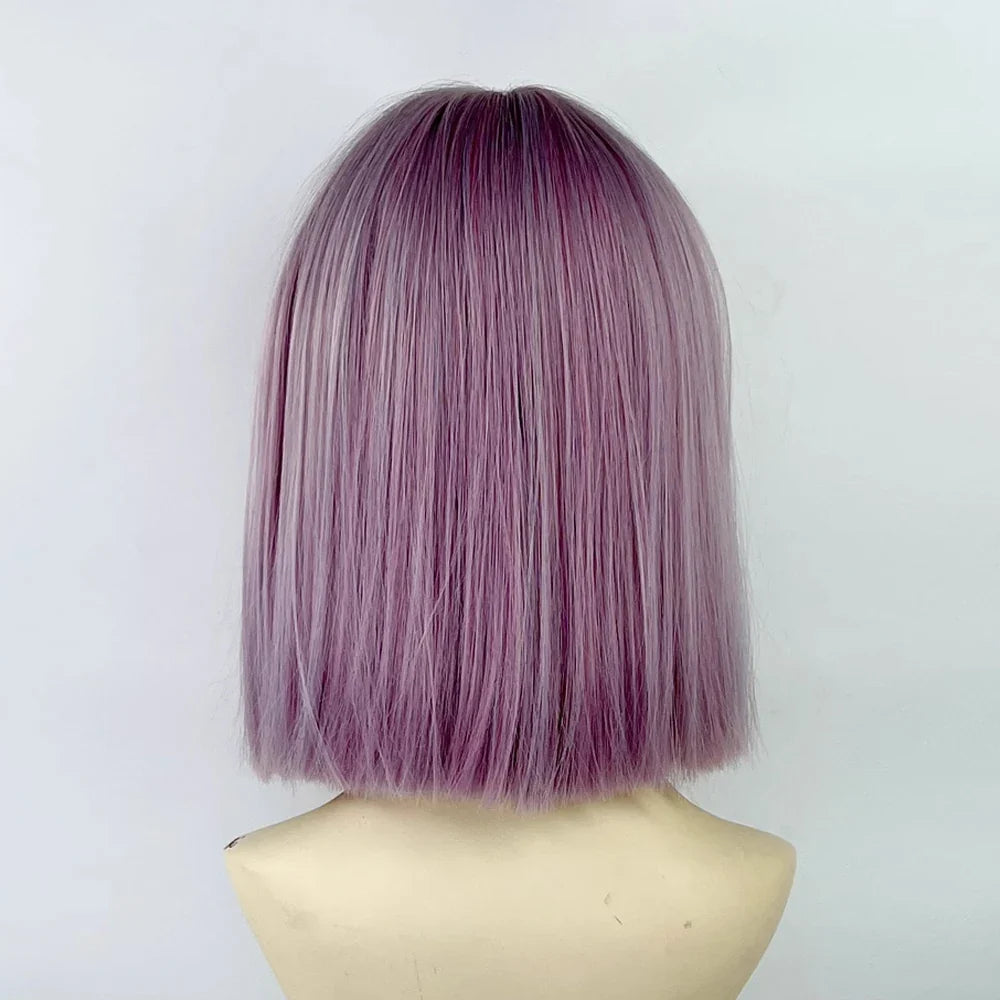 Bob Short Straight Purple Blue Mixed Synthetic Wig with Bangs Lolita Cosplay Women Fluffy Wig for Daily Party