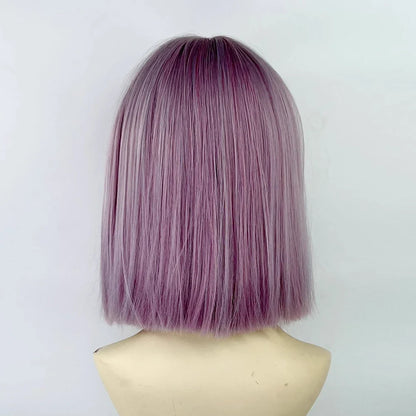 Bob Short Straight Purple Blue Mixed Synthetic Wig with Bangs Lolita Cosplay Women Fluffy Wig for Daily Party