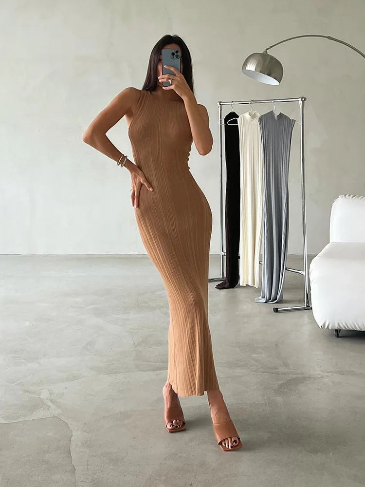 Mock Neck Sleeveless Rib Knit Bodycon Maxi Dress