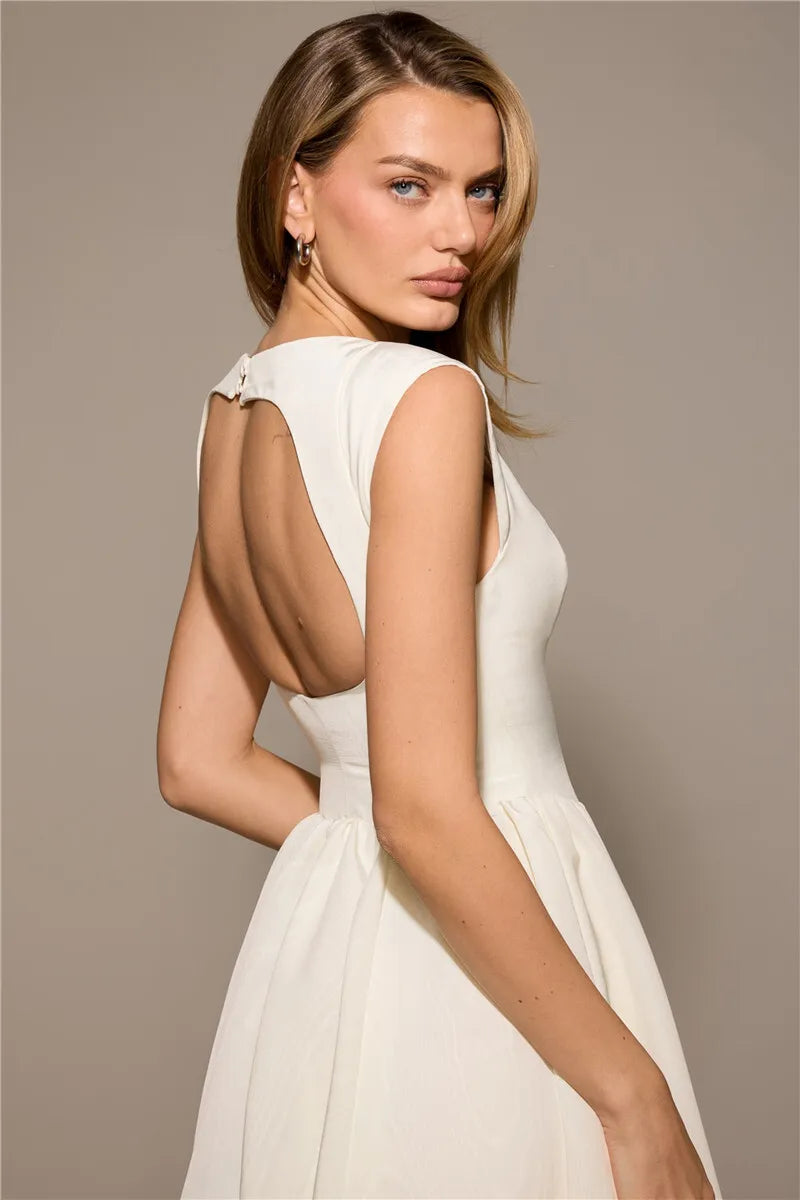 Boat Neck Cap Sleeve Pleated Waist Band Fit and Flare Midi Dress