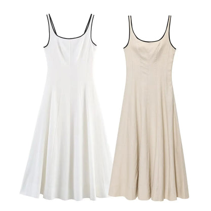 Women's Summer Commuter Simple Casual Midi Dress Sleeveless Square Neck Open Back Side Zipper Bright Line Women's Elegant Dress