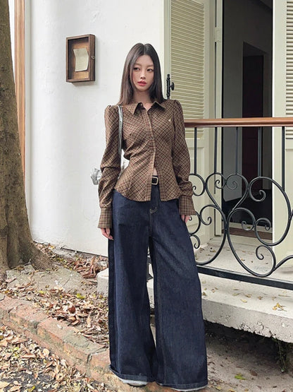 Vintage Plaid Shirt Women Brown Embroidered Waistband Tied Blouse Puff Sleeve Tops Spring Slim Button Up Clothes Chic