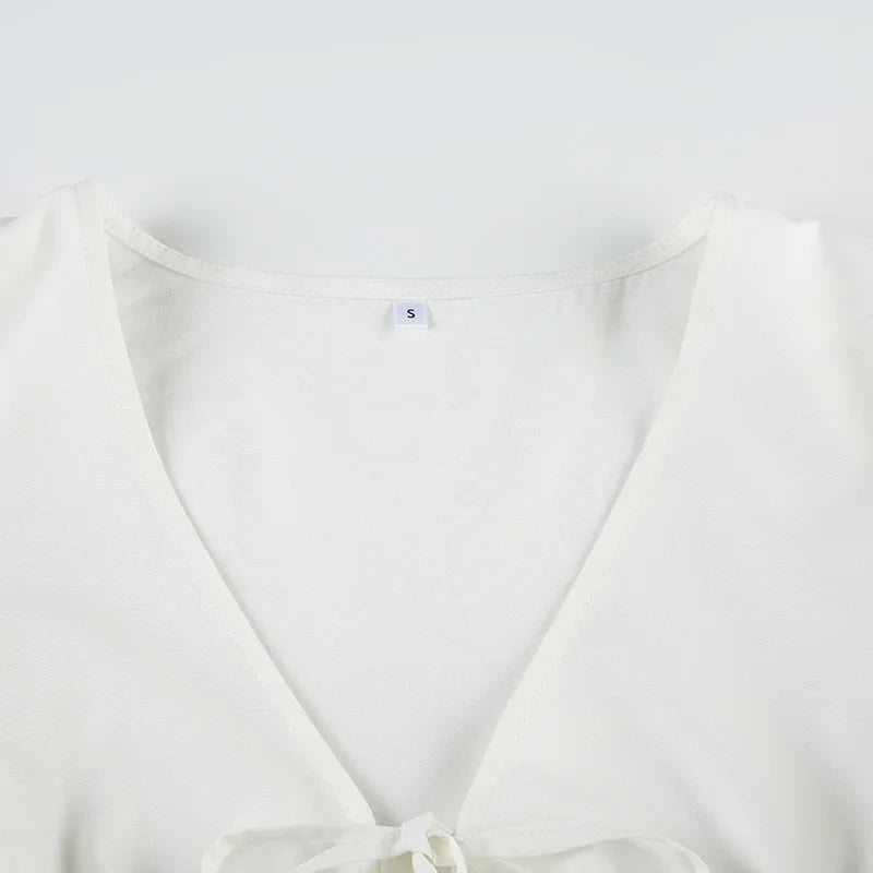 Spring Summer French Style V-Neck Pleated Blouse With Waist Tie Lightweight Solid Color Cardigan Top Casual Office Wear