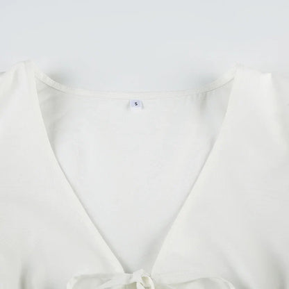 Spring Summer French Style V-Neck Pleated Blouse With Waist Tie Lightweight Solid Color Cardigan Top Casual Office Wear