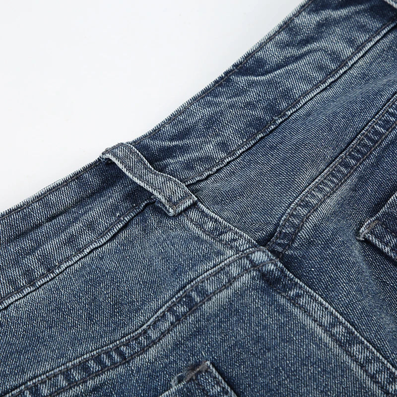 Blue Low Rise Flared Jeans Streetwear y2k Baggy Patchwork Denim Pants 90s Aesthetic Mom Jeans Korean Style Casual Pants