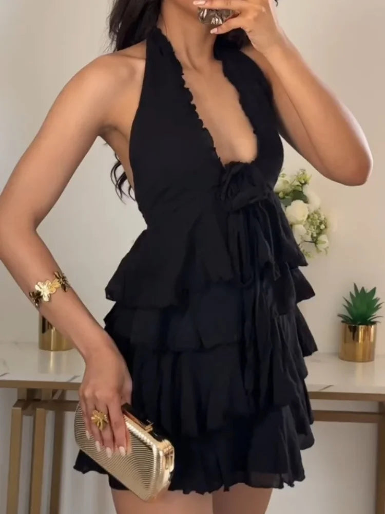 New Women's Fashion Solid Color Versatile Deep V-neck Flower Bow Off the Shoulder Sexy Sleeveless Dress