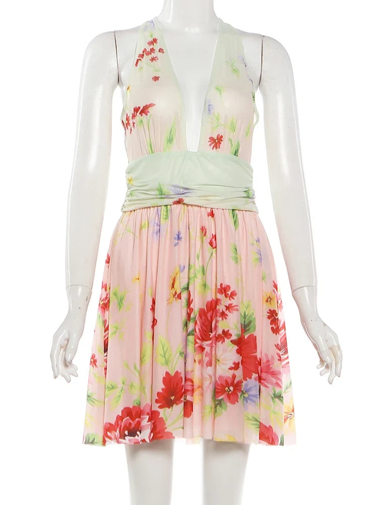 Sweet Chic Deep V-Neck Dress Women Sexy Colorful Floral Print Gradient Ruched Patchwork Fashion Vacation Party Bodycon