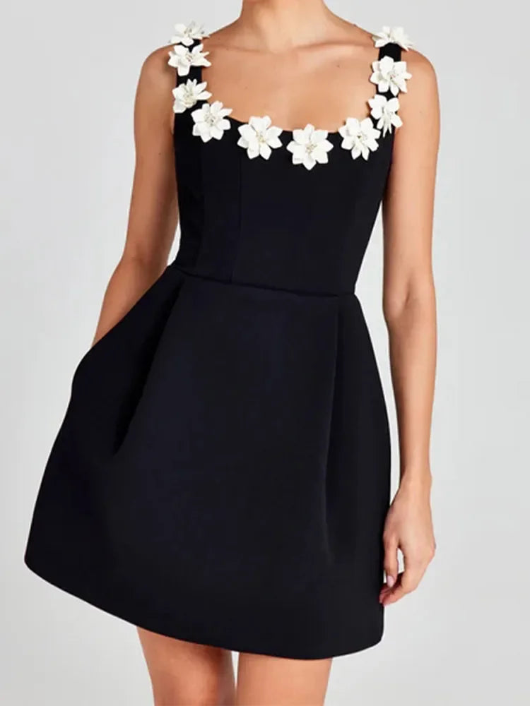Elegant 3d Flower Women's Mini Dress Summer Sexy Backless Square Collar Sleeveless A-line Dress 2024 Lady Club Evening Robe