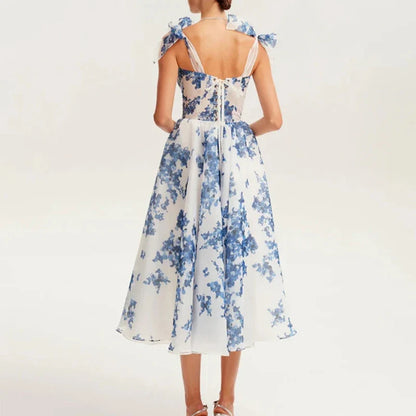 Ladies Temperament Floral Print Party Dress 2024 Fashion Off Shoulder Bow Strap Long Dress Elegant Mesh Sleeveless Evening Dress