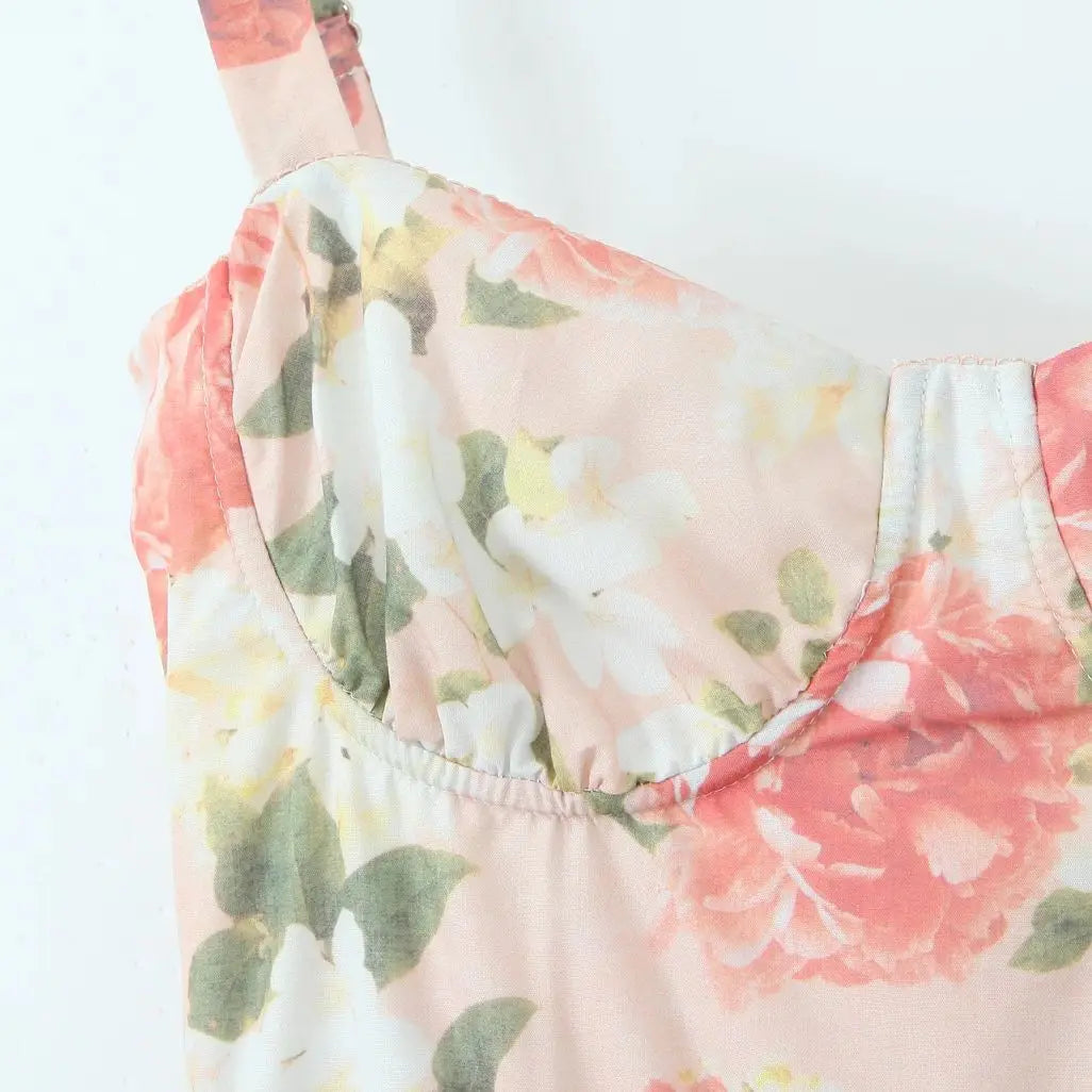 Sweetheart Bustier Wide Strap Floral Drop Waist Ruffle Midi Dress